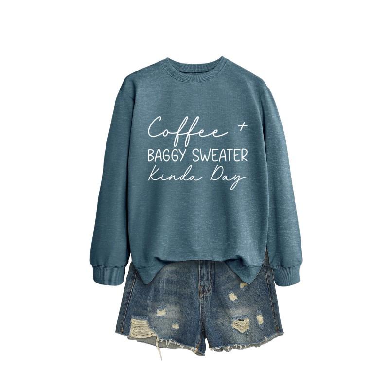 Womens Oversized Round Neck Long Sleeve Cotton Blend Casual Sweatshirt With Print - Loose Fit Comfort Top