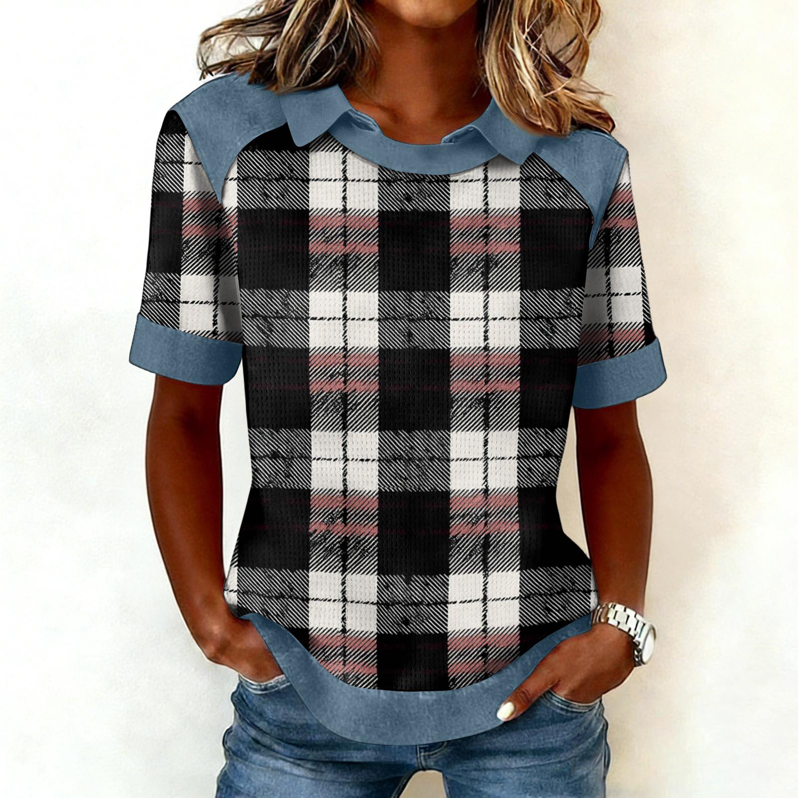 

Женская модная ковбойская толстовка с воротником и вставками, повседневная толстовка с принтом, рубашка с коротким рукавом, топ XL чёрный