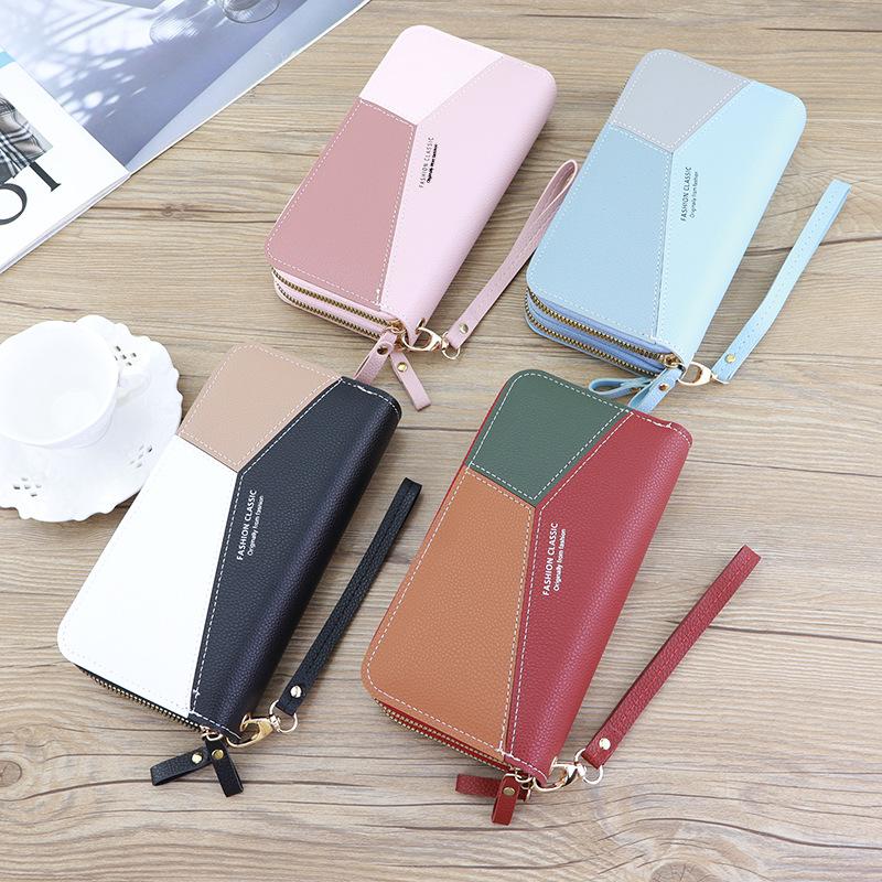 Damen-Doppelreißverschluss-Geldbörse Große Kapazität Mehrere Kartenfächer PU-Leder Handtasche Farbblockierung Kontrastierende Farbe Lange Geldbörse Null-Geldbeutel