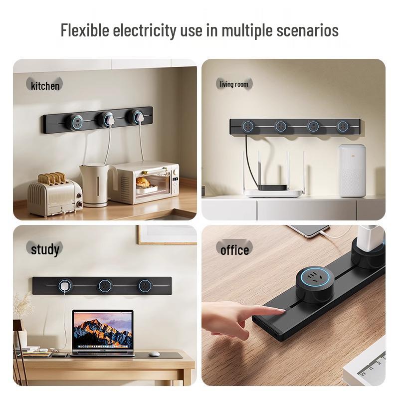 Surface-Mounted Anti-Shock Adjustable Power Strip with Switch Track for Kitchens