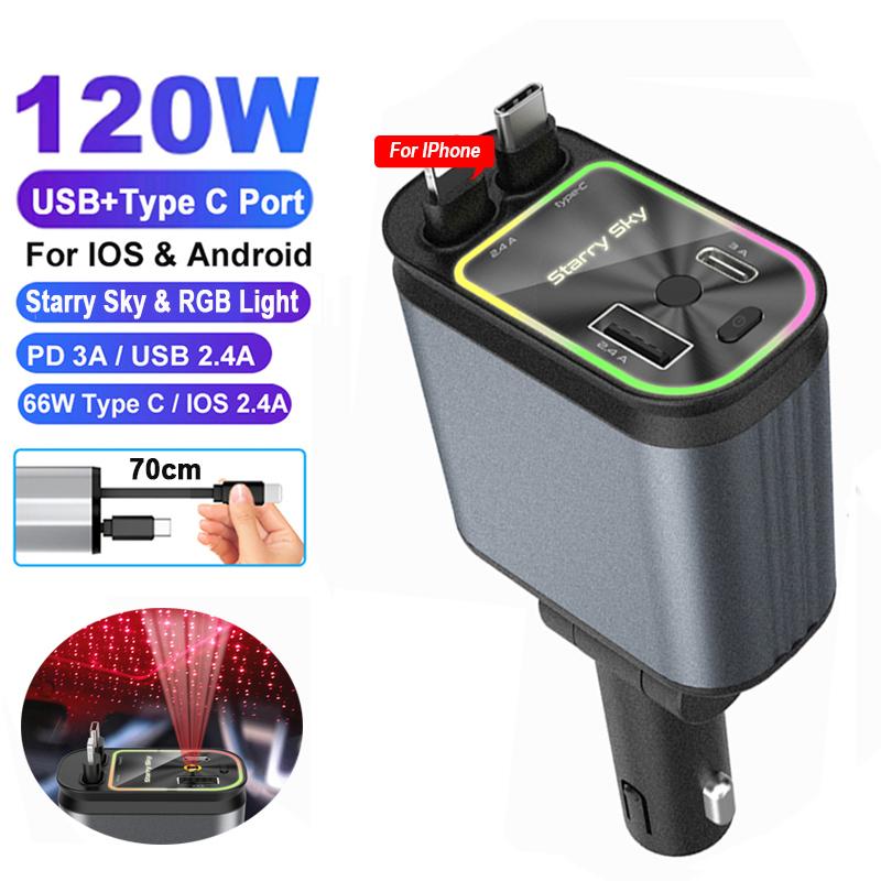 120W Car Retractable Charger,Starry Sky Roof Light,Super Fast Phone Charger Cigarette Lighter Adapter for iPhone Android
