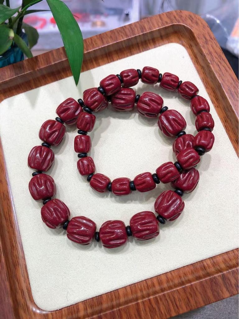 Cinnabar Fortune Gourd Bead Bracelet - Faceted Old Style Wealth Charm for Benmingnian