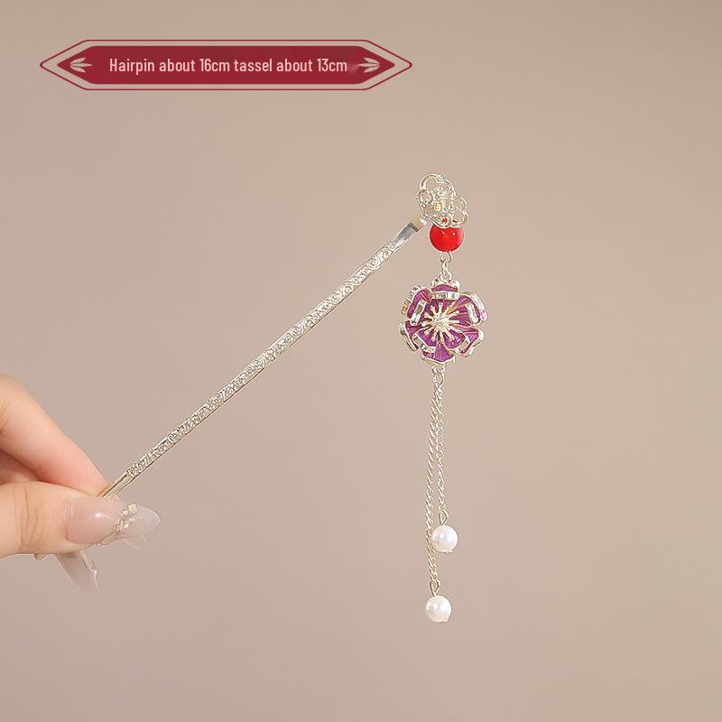 Elegant Red Rose Tassel Hairpin - U-shaped Hair Accessory for Women, Perfect for Updos and Traditional Attire.