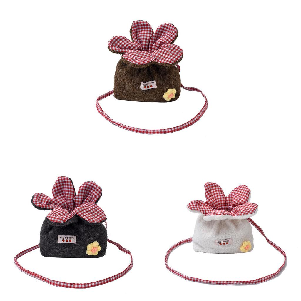 Plush Floral Drawstring Bag With Grid Pattern For Casual Daily Use