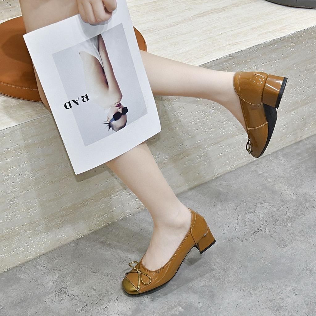 Round head high heels women's 2024 autumn new color matching bow middle heel ballet shoes Korean version commuter small single shoes