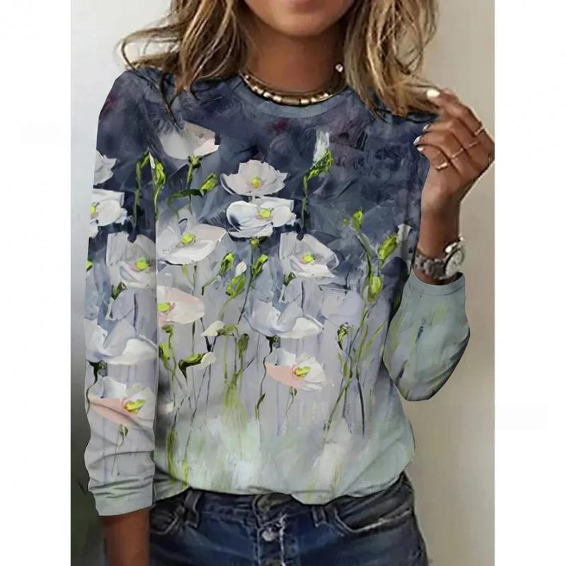 Popular Style Printed Long Sleeve T-shirt Floral Print Women's Clothing