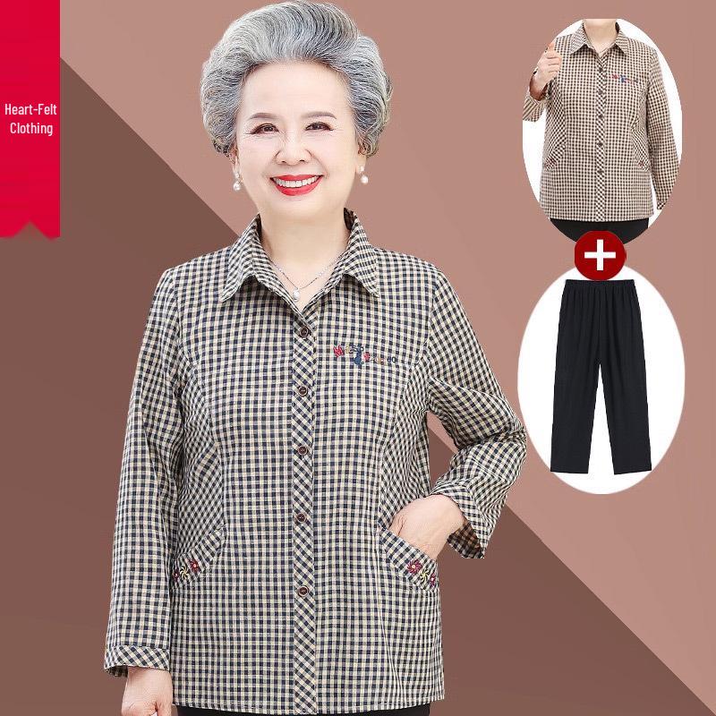 

Plaid Long-Sleeve Shirt for Middle-Aged and Elderly Women, Ideal for Spring and Summer Wear 4XL: 130-145 lbs