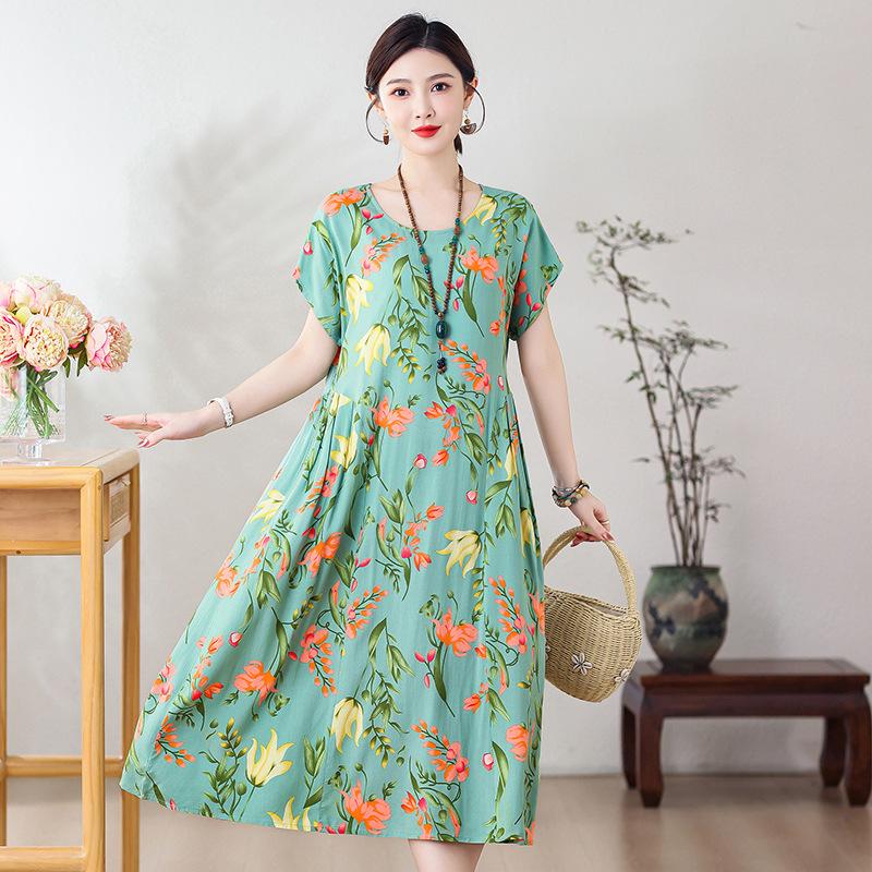 New cotton and silk dress summer large size loose fat mother covering belly and looking thin casual floral long skirt