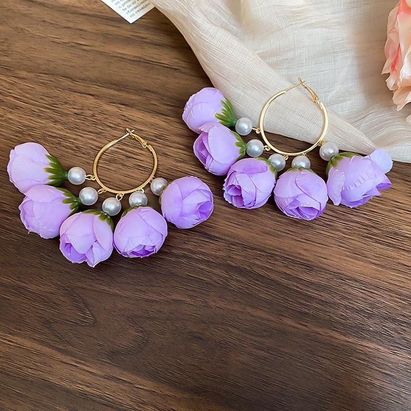Silver needle chiffon flower fringed stud earrings sweet Mori dopamine earrings niche trend versatile earrings fashion women