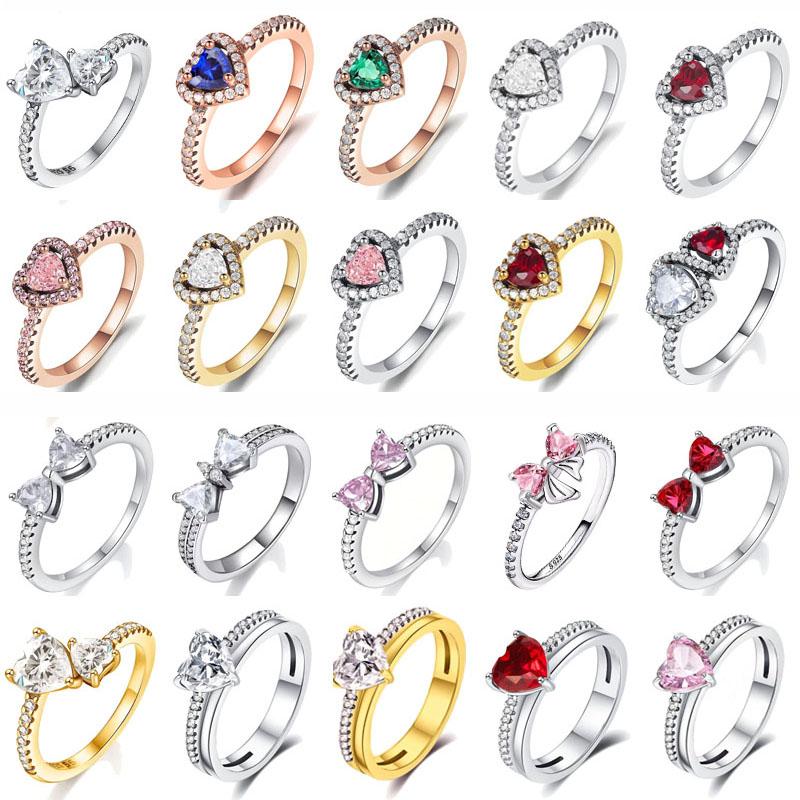 925 Silver Pink Bow Ring Timeless  Red Blue Heart Finger Rings For Women Wedding Crystal Ring Jewelry Gift 2025