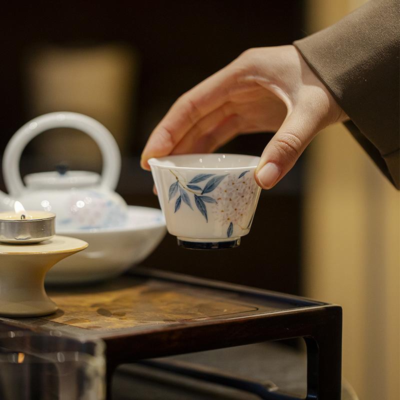 White porcelain hand-painted group flower master cup Kung Fu tea set household pastel hydrangea tea cup tea cup