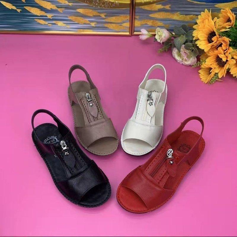 Summer Shoes for Women Sandals Pu Leather Comfort Mother Shoes Zipper Flat Solid Color Plus Size Fashion Sandalias De Mujer