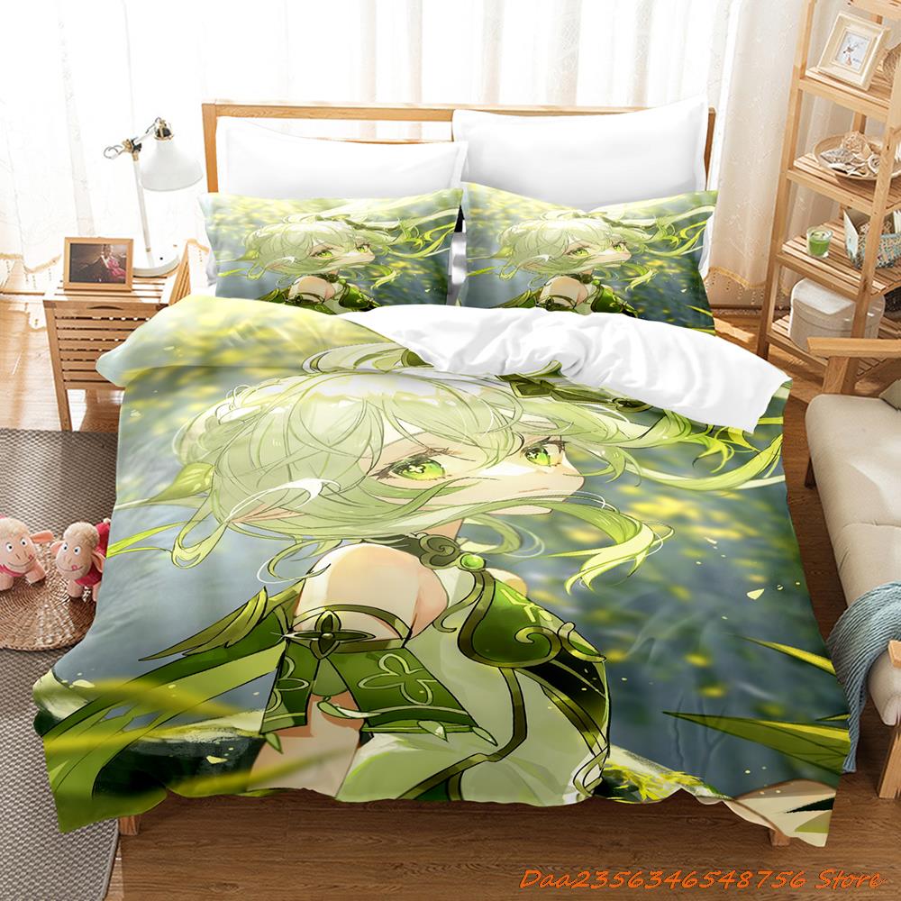 New Game Nahida Genshin Impact Bedding Collection Cartoon Anime ThreePiece Set Adult Kid Bedroom Duvetcover Collections 3D Kawaii Girls