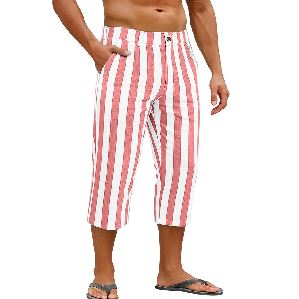 Men's Sports and Casual Striped Cropped Pants with Elastic Waist Straight Leg