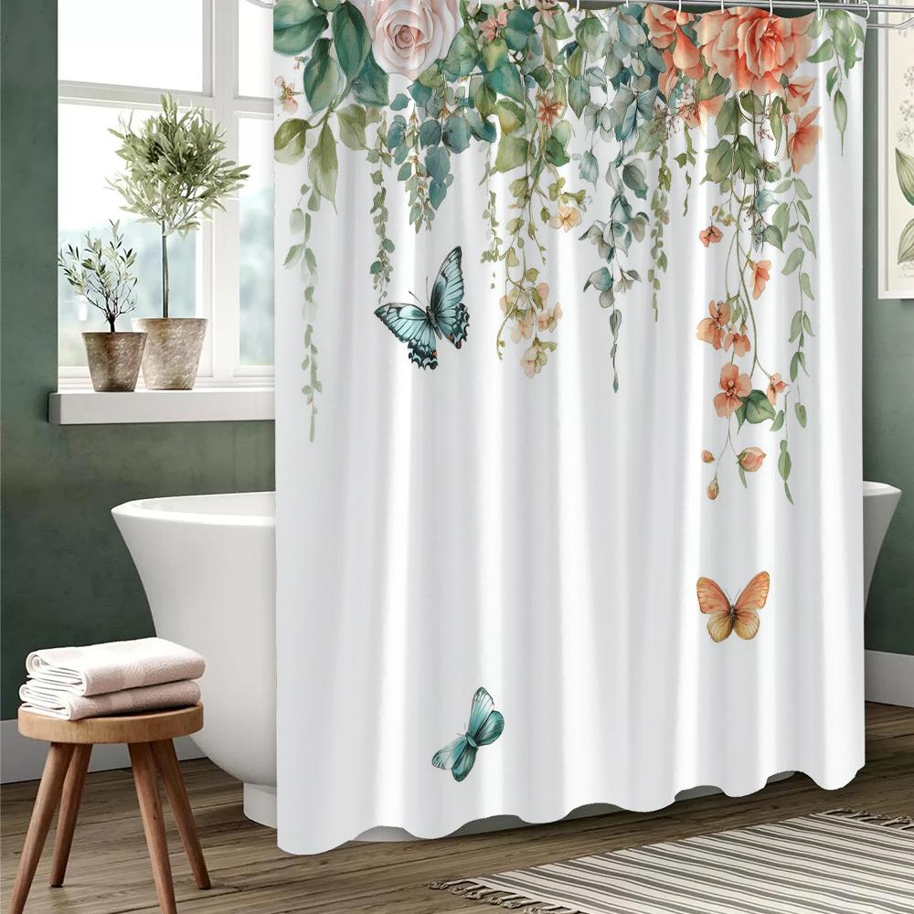 1 pc Colorful Flowers and Butterflies Print Shower Curtains With Hooks Bathroom Curtain Home Decoration Curtain Machine Washable