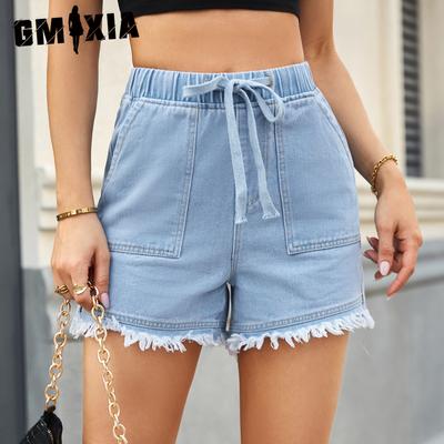 Pantalones Cortos Vaqueros Casuales de Cintura Alta con Cordón Elástico y Bajo Sin Rematar para Mujer