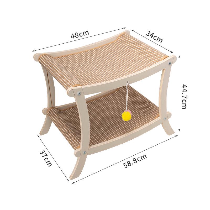 Two-Story Cat Bed with Rattan Mat, Sisal Scratching Post & Solid Wood Frame