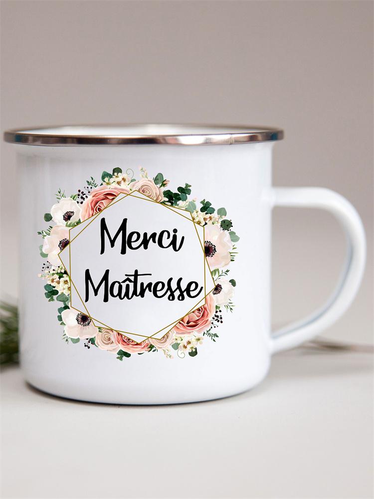 Französische Emailletassen mit Blumendruck Kreative Kaffeetasse Milch Wein Bier Getränk Saftbecher Schule Zuhause Henkel Trinkgeschirr Lehrergeschenke