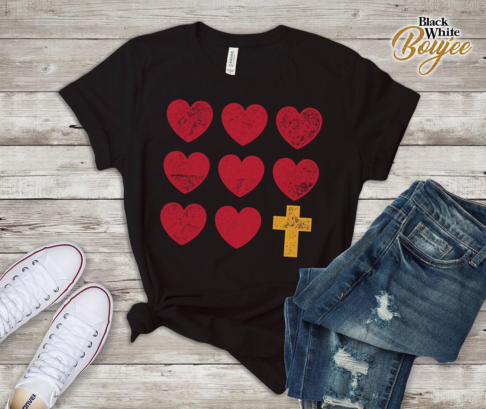 Christian Valentines Day Tshirt Heart and Cross Distressed Style, Cute Church Outfit, Red Hearts design 2XL