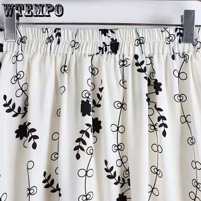 Wysoka talia i cienkie kwiaty Spódnica damska Elastyczny pas Średniej długości Spódnica trapezowa Codzienny Casual Wiosna i lato