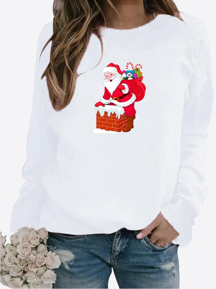 Зимняя женская повседневная толстовка с длинными рукавами и принтом Санта-Клауса, женская свободная футболка с круглым вырезом, топы больших размеров, свитер с длинными рукавами XS белый