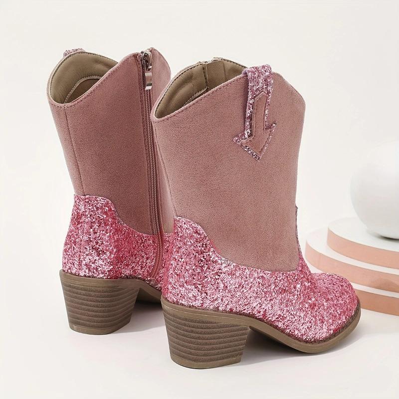 Fashion New Round Toe Block Heel Spliced Rhinestone Side Zipper Single Inside Fashion Boots Versatile Casual Non-Slip Mid-Tube Boots