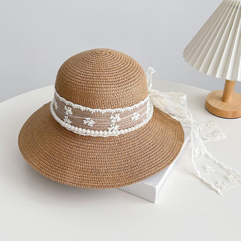 Sweet Pearl Lace Bow Straw Hat Women's Beach Hat Versatile Straw Hat Travel Sunscreen Sunshade Hat