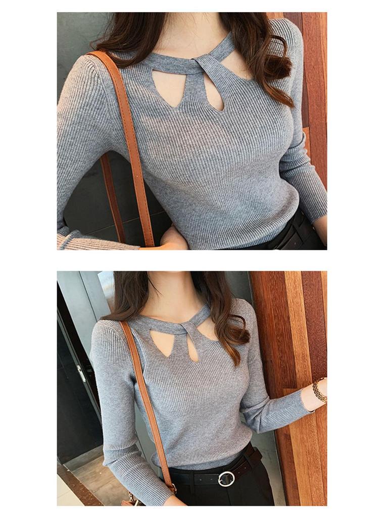 Autumn Cutout Halter Neck Knitted Pullover - Women's Slimming Long Sleeve Sweater