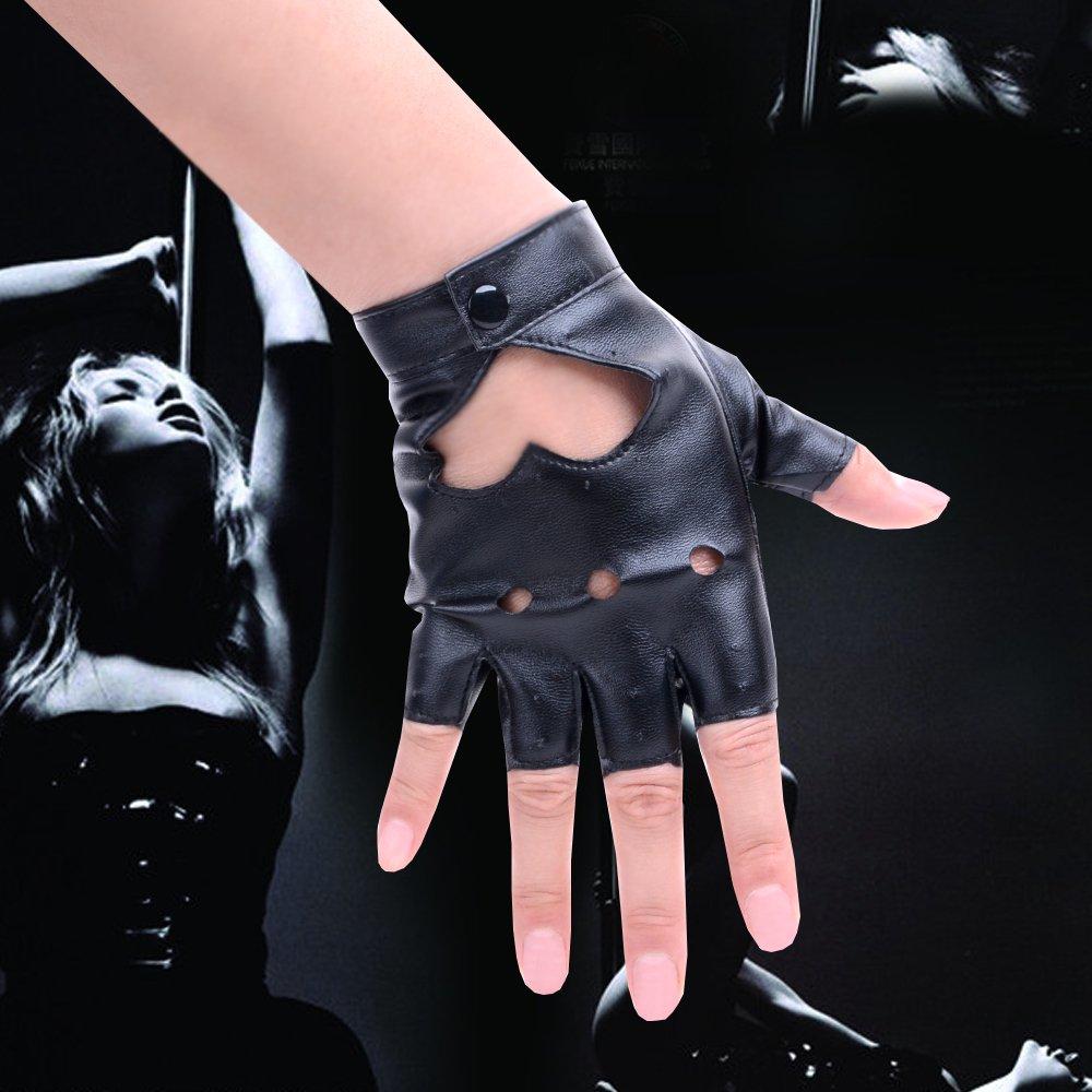 [JISEN] Sexy Women's Heart Cutout Punk Half-Finger PU Leather Performance Gloves, One Size, Black