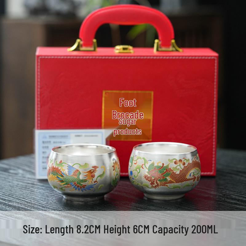 Gold Thread Enamel Gilded Sterling Silver Tea Cup: Auspicious Dragon and Phoenix Design - Creative Gift Set.