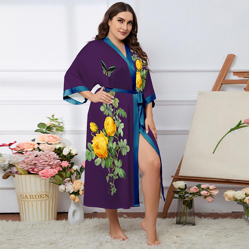 Übergröße Satin Sommer Pyjama & Bademantel Set für Damen - Leichter Luxus Eisseide