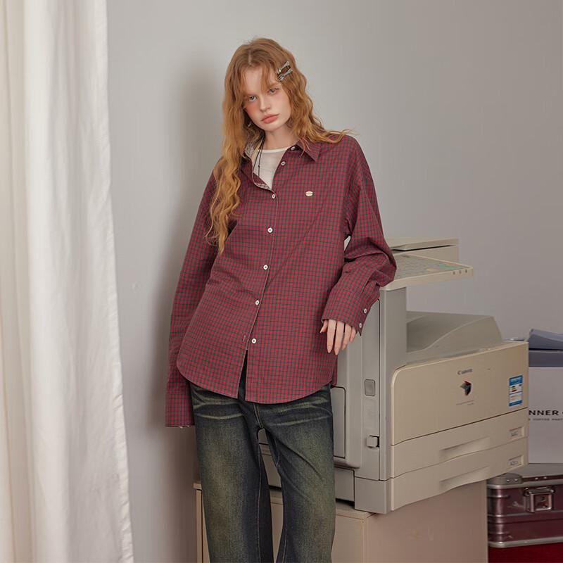 unifree American Campus Style Colorblock Plaid Loose Long Sleeve Shirt