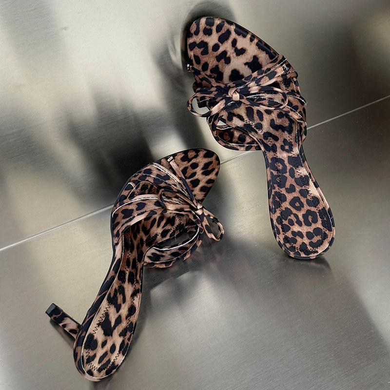 Fashion Female Pumps Leopard Print Ladies High Heels Slides Shoes Fashion Butterfly-Knot Footwear Women Heels Shoes Slippers Big Size