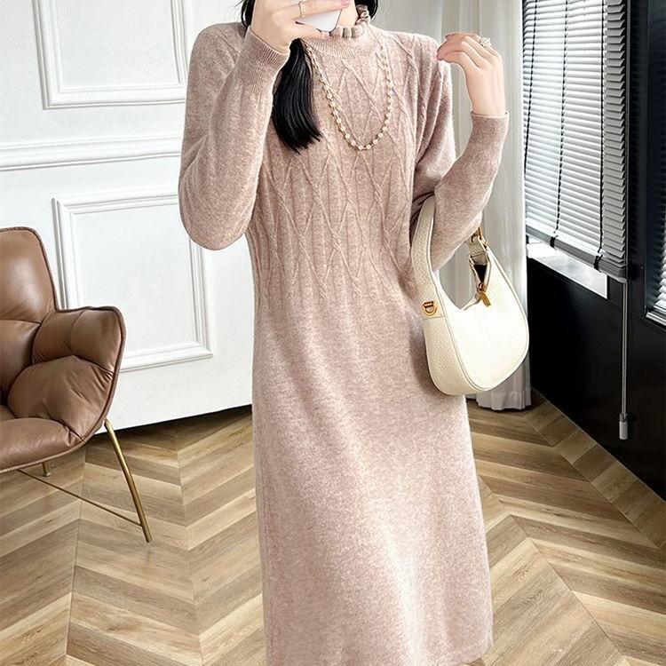 Large-sized Half Turtleneck Mid-length Sweater Dress for Women Solid Color Casual Knitted Dress with Loose Knitted Sweater for Autumn and Winter