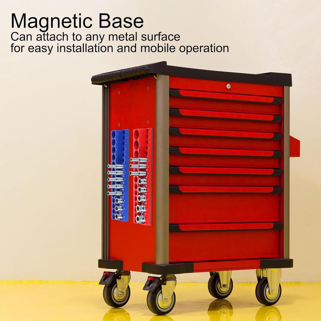 HARFINGTON Magnetic Socket Organizer 1/4" Drive Metric Socket Holder Tray Socket Storage Rack Holds 26 Standard and Deep Size Sockets, Blue