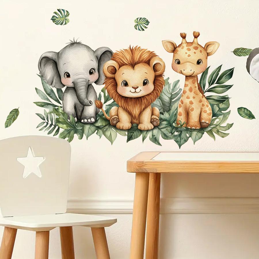 Jungle Animal Cartoon Wall Stickers, Elephant Lion Giraffe Self-Adhesive Decor for Bedroom Living Room Home Decoration