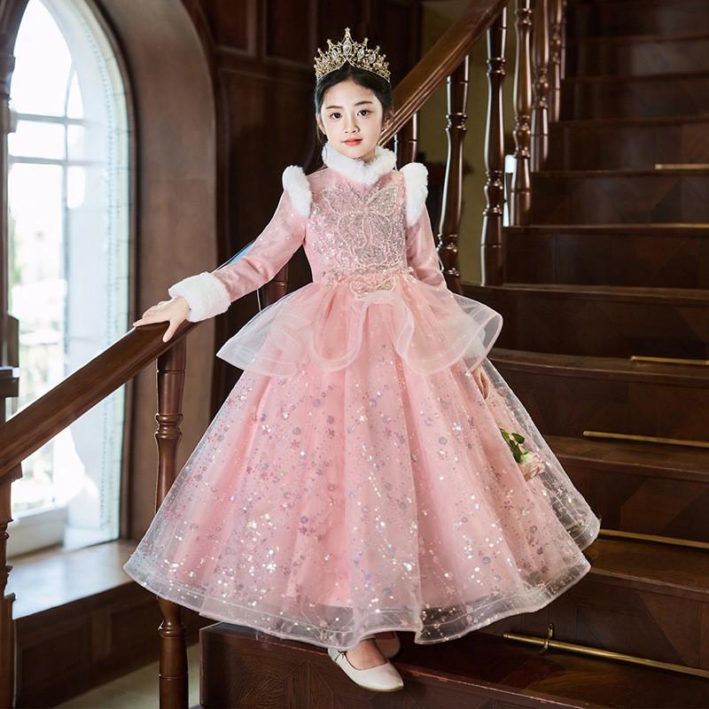 Girls Formal Dress Wedding Piano Performance Winter Thick Fleece Princess Gown