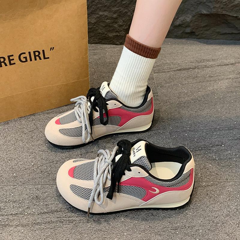 Double cowhide version shoelaces breathable inner height increase moral training shoes women's spring and summer flat mesh letters ugly cute casual