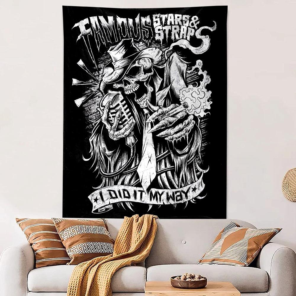 Famous Stars and Straps Tapestry Wall Hanging, Punk Rock Brand Skull Art, Street Style Wall Decor for Bedroom Dorm