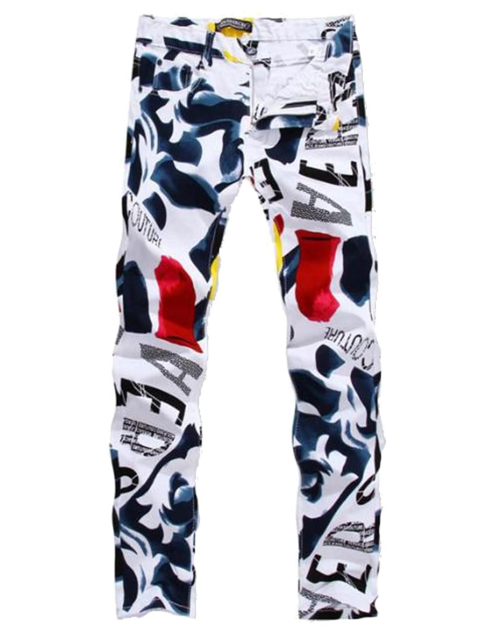 

SpringSwalloow Men s Original Print Stretch Denim Jeans, Slim Fit, Colorful Logo, White, Sexy Fit, Loose Fit, Size 32