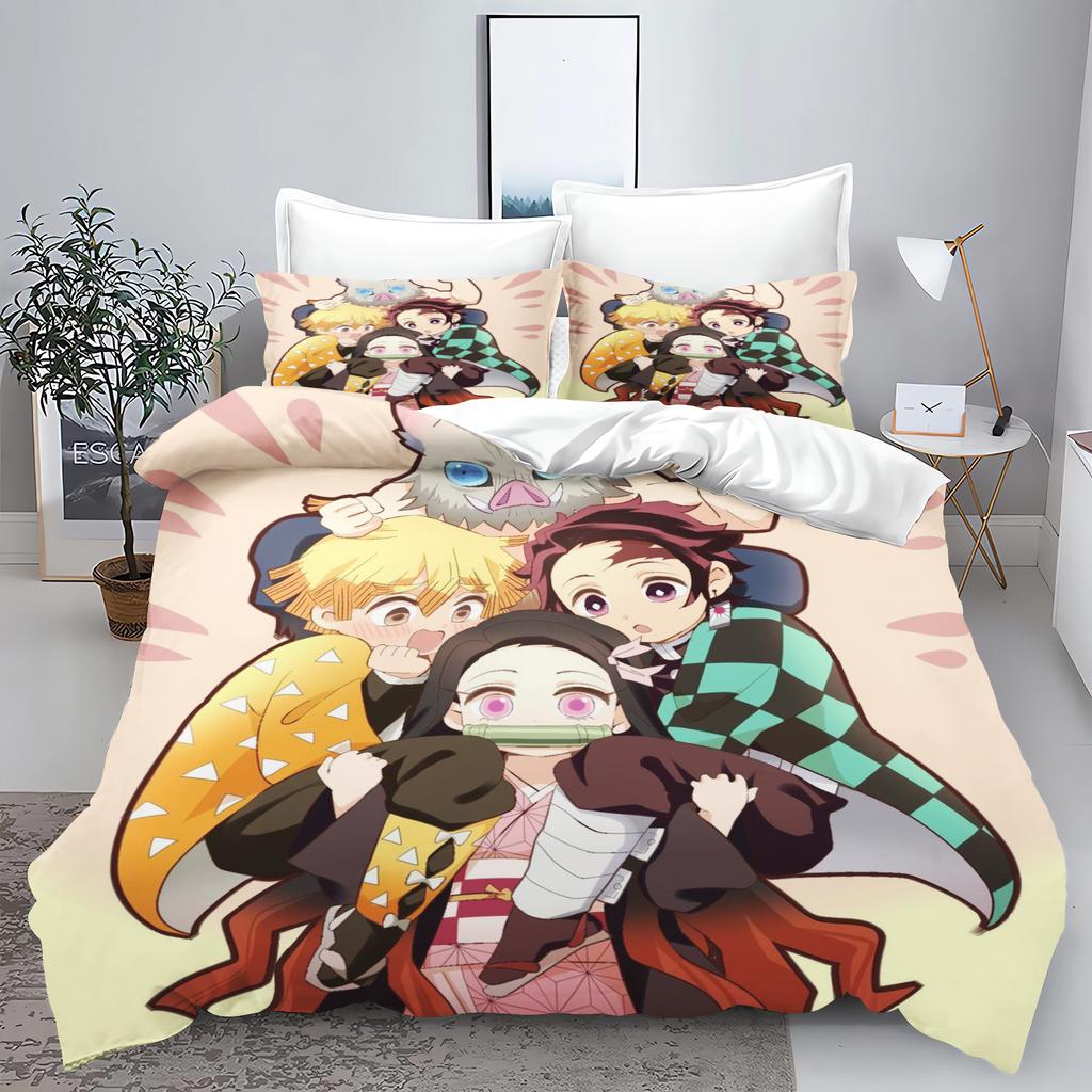 Demon slakter: Kimetsu no Yaiba kamado Nezuko Anime 100% Polyester Sengetøy Sett Dynetrekk Sett Trykt Tegneserie Hjemmeinnredning