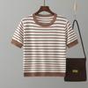 Dame Rund Hals Stripe Kortermet Løs T-skjorte Sommer Trendy Stil Komfortabel Casual T-skjorte Strikket Is-Silke T-skjorte