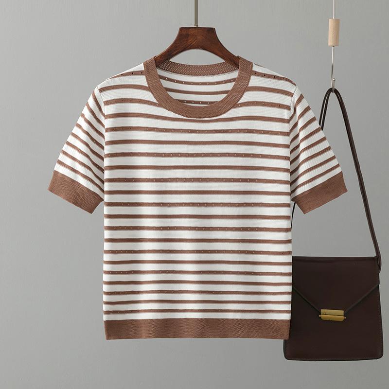 Women Round Neck Streak Short Sleeve Loose T-shirt Summer Trendy Style Comfortable Casual T-shirt Knitted Ice Silk T-shirt