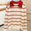 Autumn and Winter New Lapel Striped Knitted Sweater Lace Splicing Long-sleeved Women's Sweater