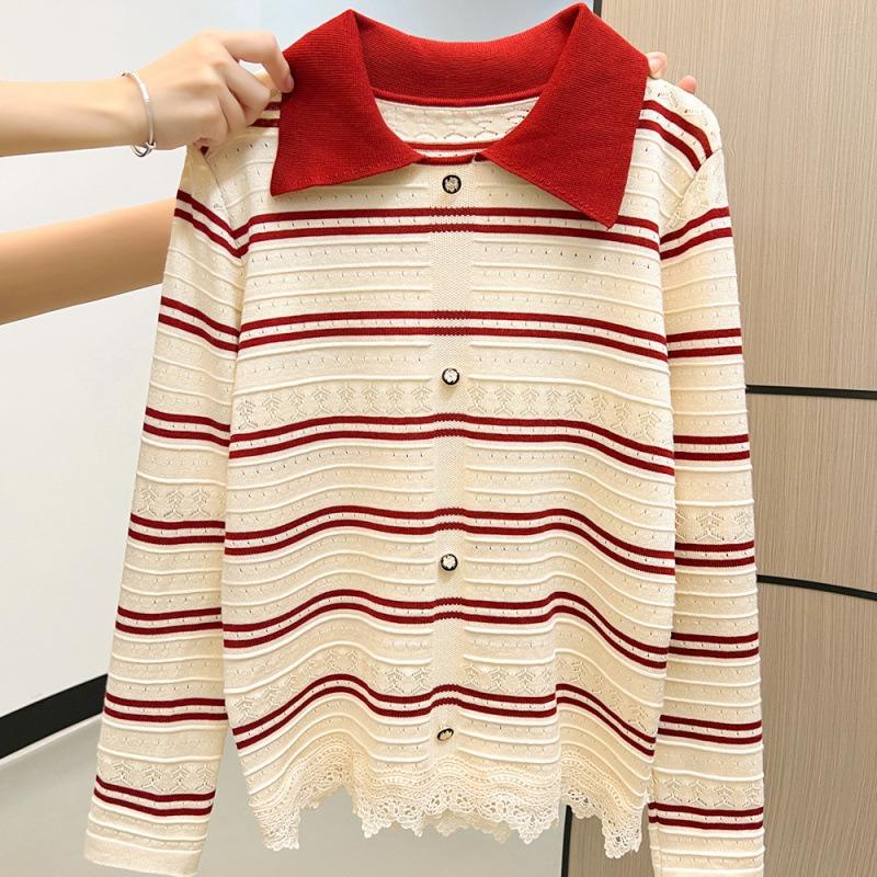 Autumn and Winter New Lapel Striped Knitted Sweater Lace Splicing Long-sleeved Women's Sweater
