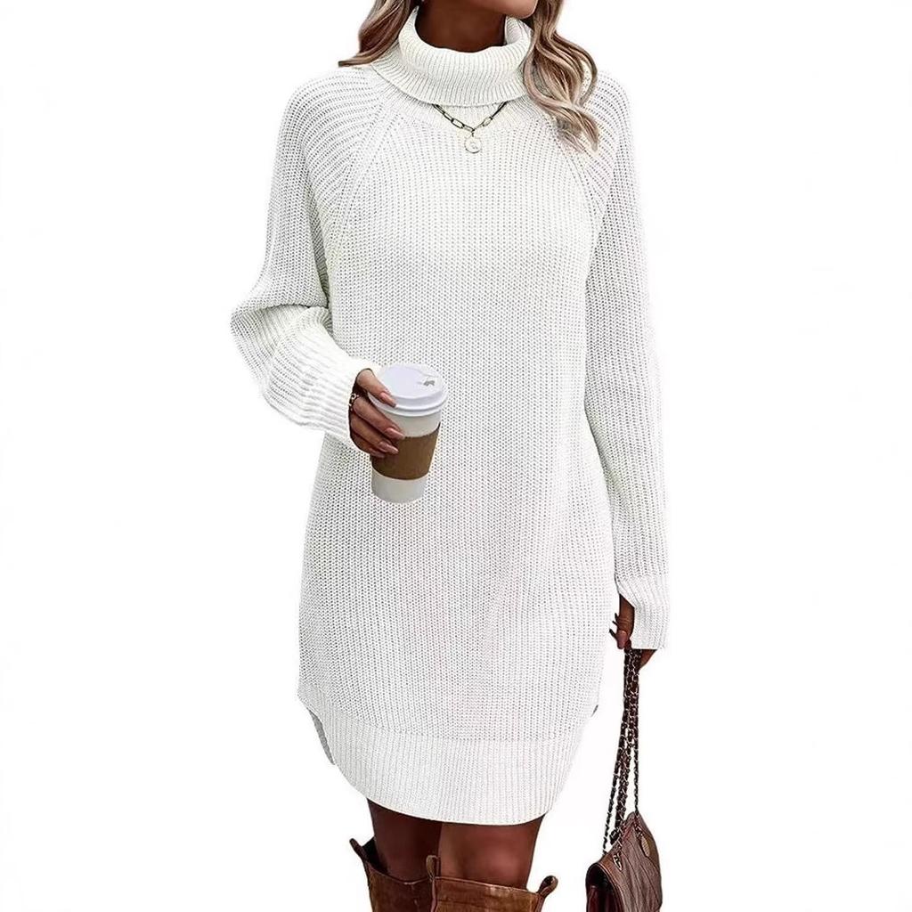 Women's High Neck Button Detail Knit Sweater Dress Loose Sleeve Mini Dress Multi Colors
