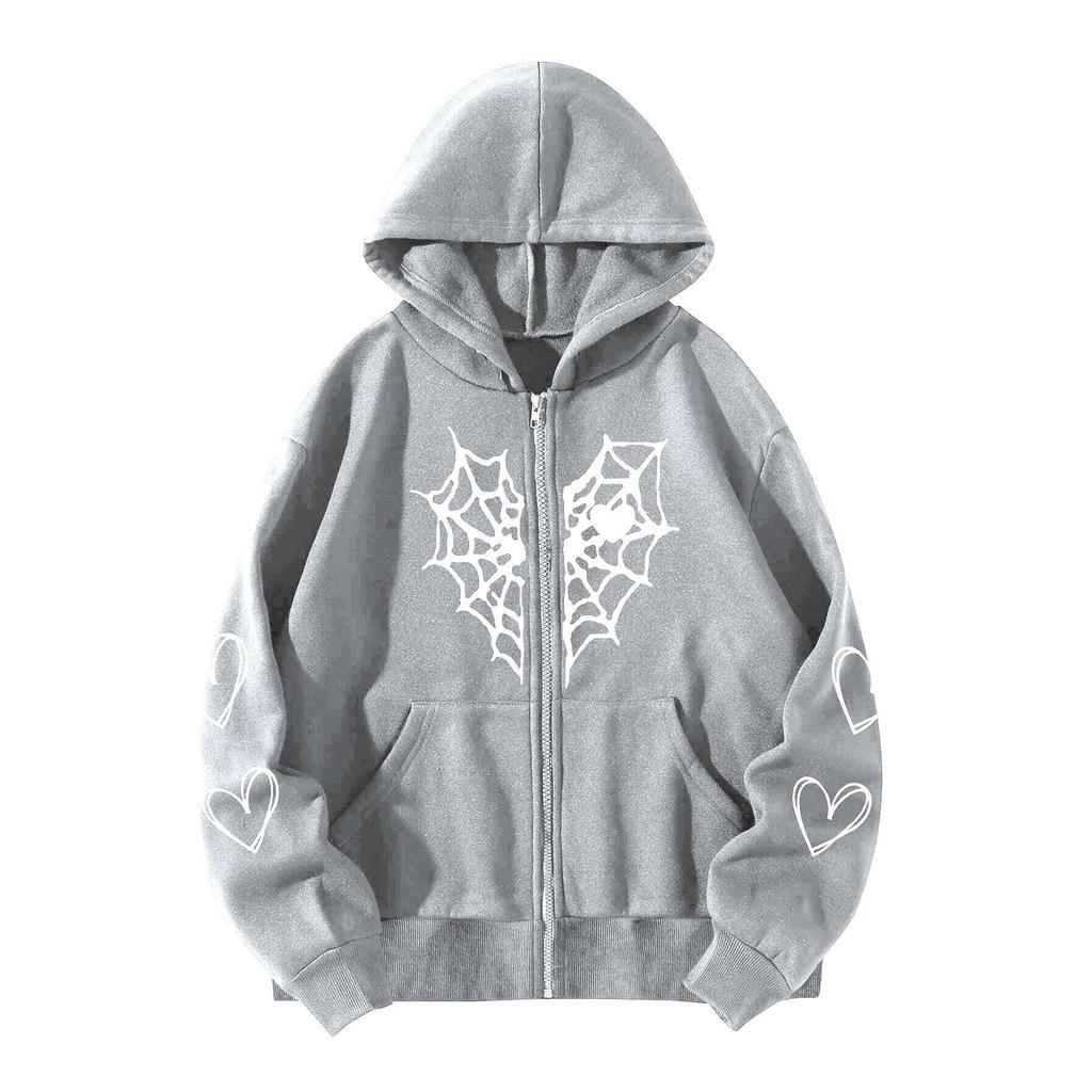 Spider Web Heart Print Fleece-Lined Zipper Hoodie for Men and Women - Autumn/Winter Collection.