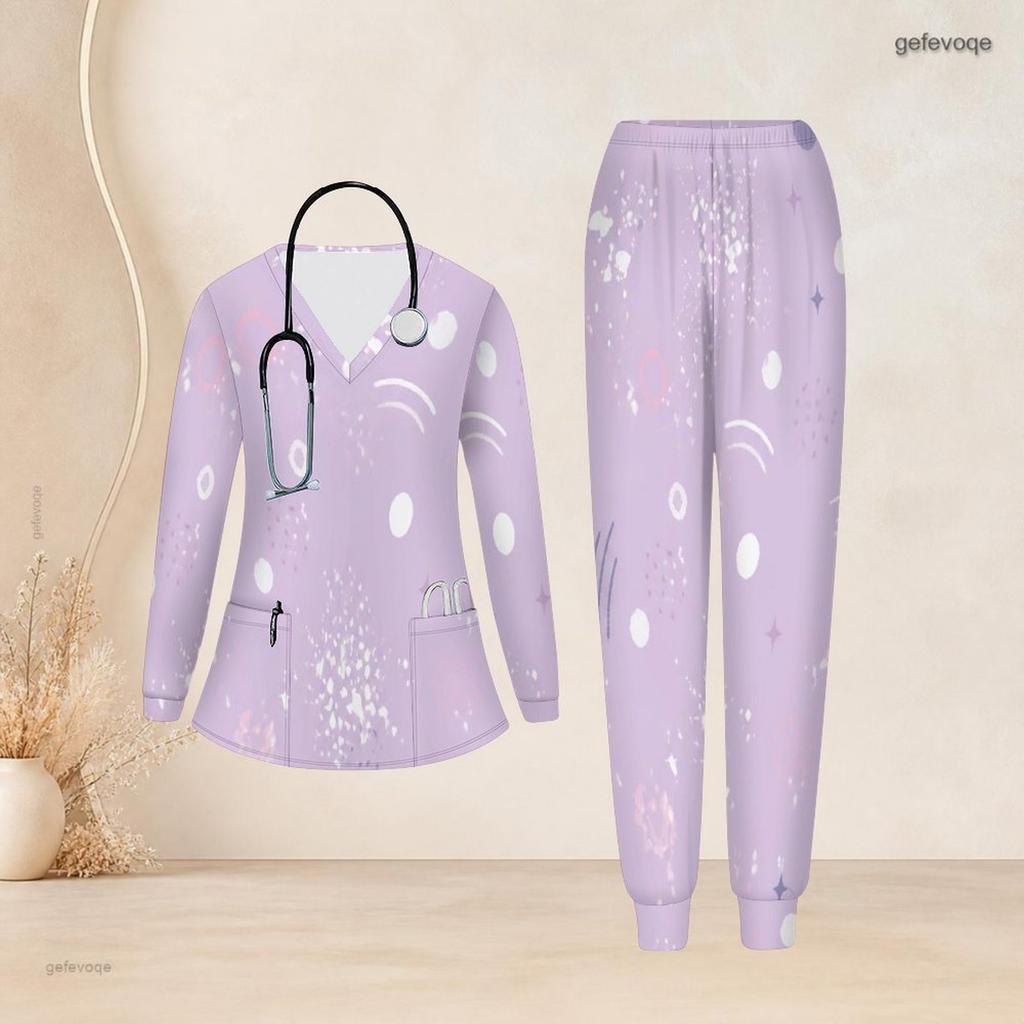 Women Plus Size Black Blue Printed Nurse Scrub Set V Neck Long Sleeve Pocket Top Long Pants