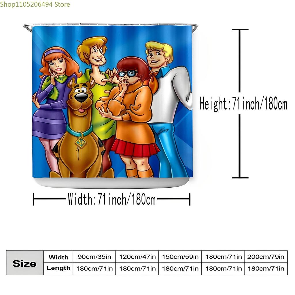 1pc WB Scoob Shower Curtain with Hooks - Machine Washable Polyester, Cute Cartoon Character Design, Vibrant Blue Background,