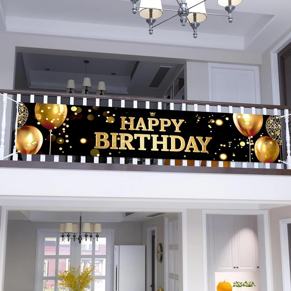 Happy Birthday Banner Black Gold Party Decorations Large Birthday Banner Yard Sign Backdrop Supplies Decoration for Indoor and Outdoor 78 x 17Inches